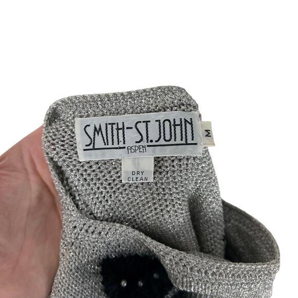 Vintage Smith St. John Metallic Lurex Holiday Sweater Bow Pearl Glam M - Picture 10 of 10